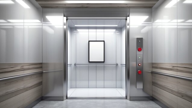 Close up of elevator cabin with vertical poster 
