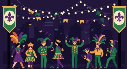 Stylized Geometric Mardi Gras Night Party Under String Lights