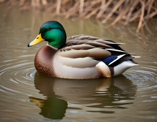 Mallard in the pond, Mallard males have green head and females with brown feathers. beautiful wild duck stands on a wooden surface.