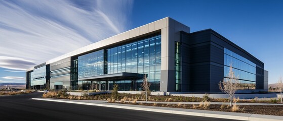 Modern office building with glass facade against a blue sky.