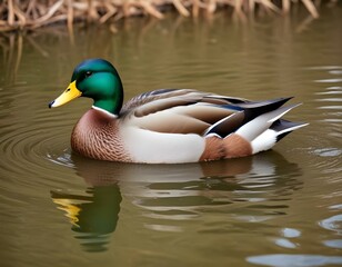 Fototapeta premium Mallard in the pond, Mallard males have green head and females with brown feathers. beautiful wild duck stands on a wooden surface.