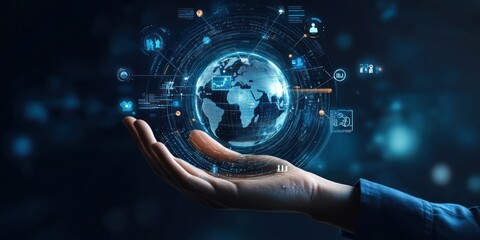 Hand holding a glowing globe with network connections in a dark background.