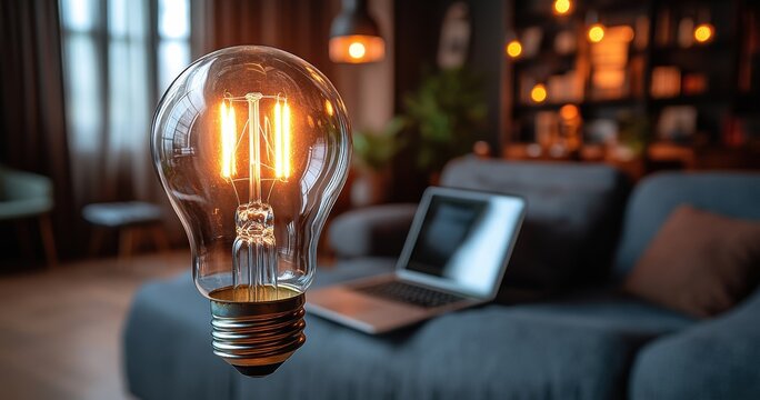 A light bulb is lit up in a living room