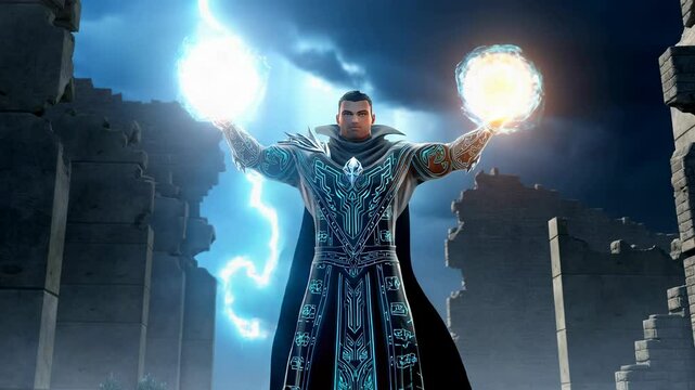 Robust Battle Mage in Elaborate Robes Casting Elemental Magic