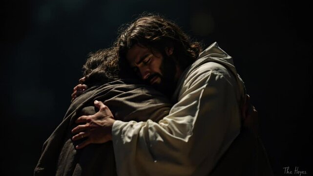Jesus embracing men with love and compassion