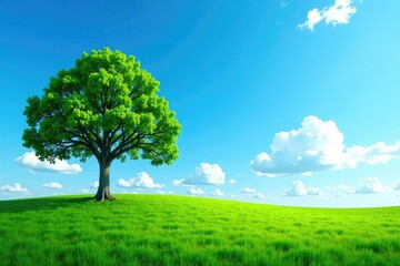 Single tree against a bright blue sky with few clouds, peaceful, solitary, greenery