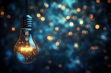 A light bulb is hanging from a string and is lit up