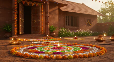 Holiday scene with decorated house for diwali celebration. Rangoli design with petals and candles to celebrate festival, traditional indian welcoming decoration.