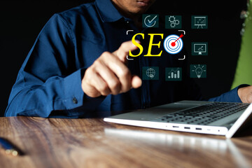 The concept of search engine optimization, targeting and seo performance, seo marketing and optimization planning is displayed on the virtual screen as an icon.