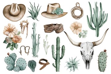 Watercolor western clipart; hats, cactus, succulents, skull, flowers.