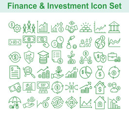 Green Outline Finance and Investment Icon Set on a Transparent Background