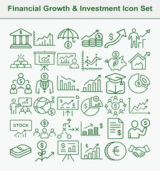 Fototapeta premium Green Outline Financial Growth Icons Set, Money Stacks, Handshake on White Background