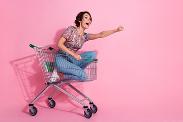 Photo of cheerful positive lovely girl wear trendy clothes riding cart look empty space isolated on...