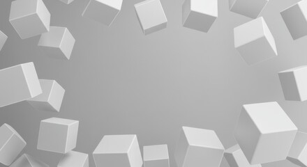 Abstract 3D Rendering of White Cubes Floating in Grey Space: Minimalist Geometric Design Background