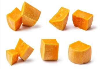 Fresh and Vibrant Cubes of Raw Butternut Squash on White Background