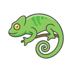 Green Cartoon Chameleon On Branch, Black Background
