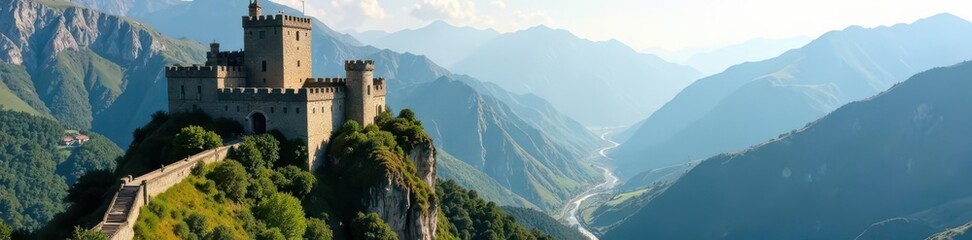 Obraz premium Ancient stone castle crowns a craggy peak, overlooking vast valley, majestic, history, view