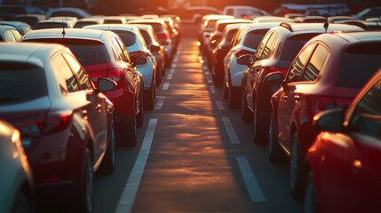 Fototapeta premium Cars in Row: A comprehensive scene of parked cars in an outdoor setting at dusk, showcasing a captivating play of light and shadow amidst the vehicles.