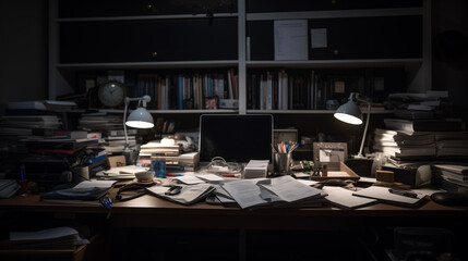 A cluttered desk with books papers and lamps in a dimly lit room
