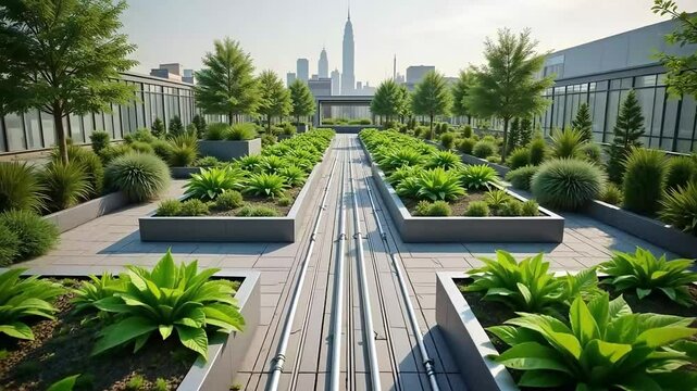 Hyperrealistic Modular Rooftop Irrigation System Installation in Urban Green Space