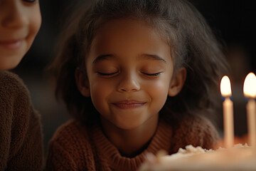 Kid joyfully blowing out candles on a birthday cake while surrounded by family and friends in a lively celebration