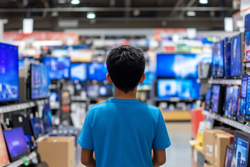Man explores crowded electronics store shelves while browsing various tech displays