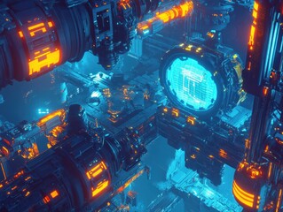 Futuristic Cyberpunk Space Station: A high-tech, stylized view of a futuristic space station with neon lighting, a concept art rendering of advanced technology and exploration
