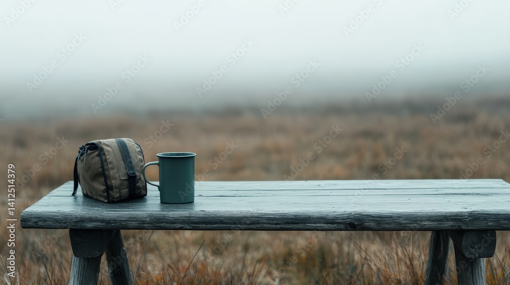 Poster hunter resting with coffee mug and backpack on rustic wooden table in misty hunting ground