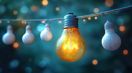 A light bulb is lit up and hanging from a string