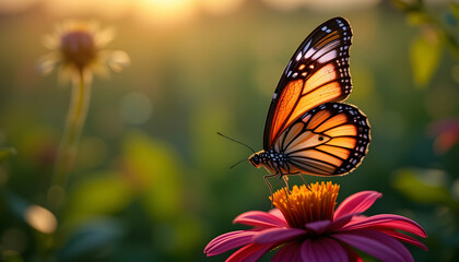 Fototapeta premium Golden Hour Monarch Butterfly on Pink Zinnia, Soft Focus Meadow Background