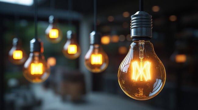 A light bulb is lit up in a room with many other light bulbs - Powered by Adobe