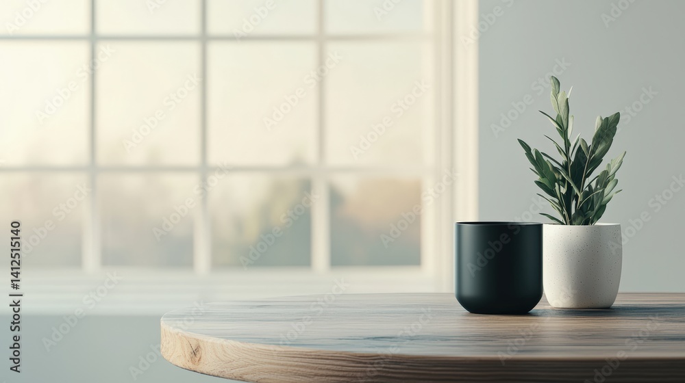 Poster empty round wooden table with plants and window view, perfect for product placement