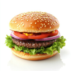 A close up shot of a burger with lettuce tomato and onion on a white background