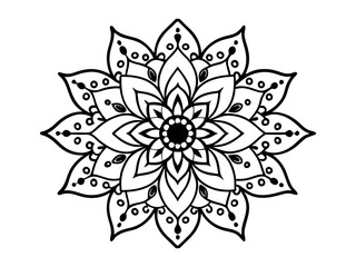 Outline a round flower pattern in mehndi style for a coloring book page. Antistress for adults and children. Doodle ornament in black and white. Hand-drawn vector illustration