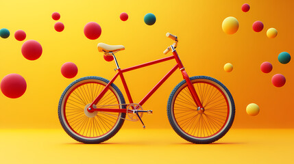 Fototapeta premium A Cheerful Ride: A vibrant red bicycle stands prominently against a yellow backdrop, creating a joyful and playful atmosphere, enhanced by scattered colorful spheres. 