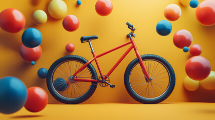 Fototapeta premium Bold Bicycle and Floating Spheres: A bold red bicycle stands centrally against a vibrant yellow backdrop, surrounded by an array of colorful, floating spheres, a whimsical composition.
