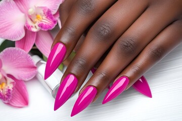 Manicure featuring a beautiful nail design adorned with a pink orchid decoration