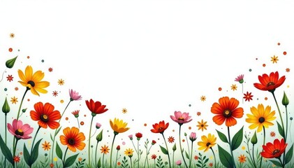 Fototapeta premium Scattered wildflowers, minimalist style, white background, scattered, flowers, textile