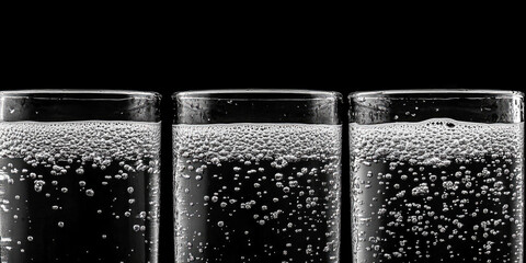 Three glasses of bubbling carbonated water against black background