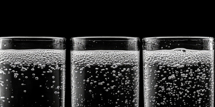 Three glasses of bubbling carbonated water against black background