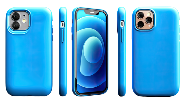 Tech Accessory Showcase: An elegant cell phone is encased in a vibrant blue protective case, showcasing its sleek design from multiple perspectives.