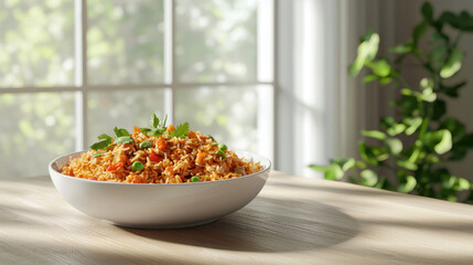 Delicious Nasi Goreng served in white bowl, garnished with fresh herbs, showcasing vibrant colors and textures in bright, inviting setting