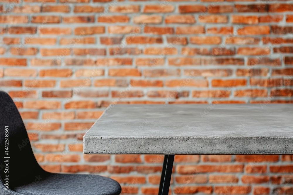 Poster empty concrete table displaying modern products against blurred brick wall background