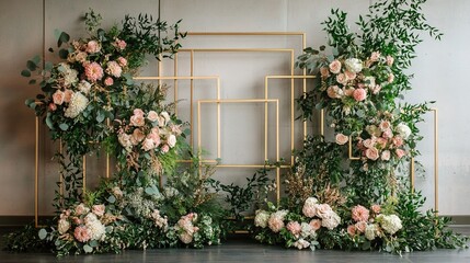 Fototapeta premium Elegant Geometric Wedding Backdrop with Lush Floral Arrangement Featuring Pink Roses and White Dahlias Against Modern Gold Frames