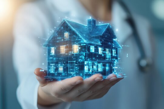 A healthcare professional holding a digital house model in a modern medical office setting