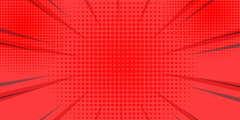 Pop art comic book strip cover design. Explosion, isolated retro style comics radial red background. Halftone colored background frame.