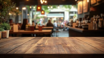 Cozy coffee shop interior with warm lighting and text space