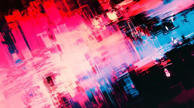 Cyberpunk glitch aesthetic featuring neon signs and corrupted visuals, high contrast with room for text overlay