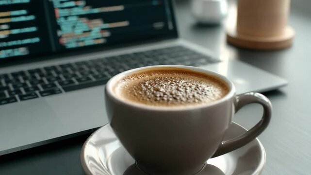 Cozy workspace with warm cup of coffee beside laptop, coding technology for innovative startup atmosphere.