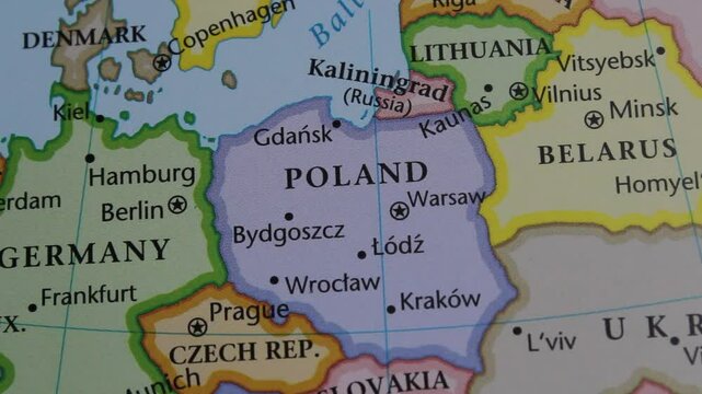 close up of the country of Poland viewed on a wold map as a travel concept. Poland on a map. Political map of Poland 
